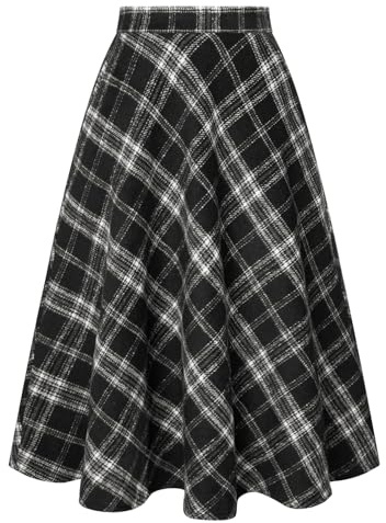 Belle Poque Women's Plaid Skirts Vintage High Waisted A-Line Midi Skirt with Pockets Versatile Pleated Skirts for Women
