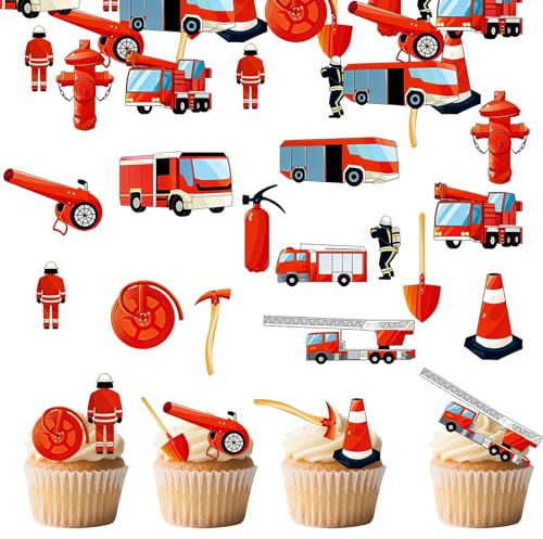Fgdui 80PCS Tortendeko Feuerwehr Essbar,Feuerwehr Kuchen Deko Essbar Feuerwehrauto Deko Kindergeburtstag Baby Dusche Boy Mädchen Geburtstagsfeier Dekorationen