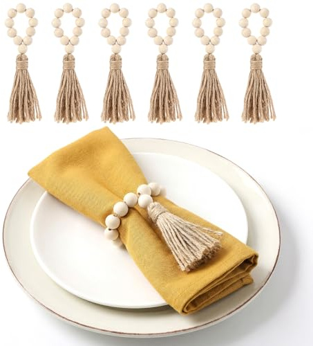 6PCS Napkin Rings, Wooden Bead Napkin Holders for Cloth Napkins, Stretchable Boho Napkins Rings Rustic Twine Rattan Design with Tassel for Farmhouse Thanksgiving Fall Spring Decor