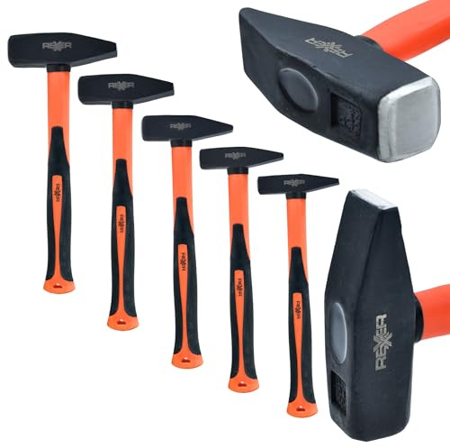 REXXER Schlosserhammer Set 5-teilig (300 g, 500 g, 800 g, 1000 g, 1500 g) – Hammer Set mit Fiberglasstiel & rutschfestem Griff – DIN1041 Stahlkopf – Werkzeug für Werkstatt, Bau, Montage & Haushalt