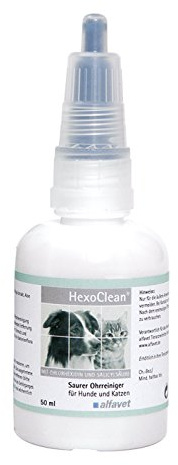 Alfavet HexoClean saurer Ohrreiniger für Hund und Katze mit ohrfreundlichem Weichgummiapplikator, Chlorhexidin und Salicylsäure, 50ml Plastikflasche