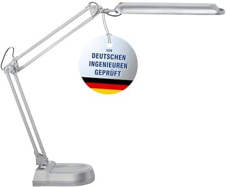 MAUL LED Schreibtischlampe MAULatlantic | LED Lampe mit Standfuß | Tageslichtlampe mit 6500 K & 860 Lm | Lampe mit verstellbarem Leuchtenkopf | Geprüfte Sicherheit (GS-Zeichen) | Silber