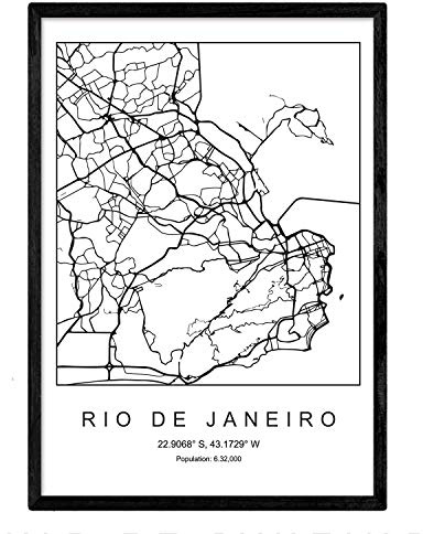 Karte der Stadt Karte Rio de Janeiro Nordic Style in schwarz und weiß. Poster A4 mit schwarzem Rahmen gedrucktes Papier 250 gr. Bilder, Bettwäsche und Poster für Salon und Schlafzimmer
