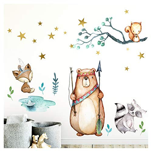 Little Deco Wandaufkleber Fuchs Bär Indianer I 97 x 74 cm (BxH) I Wandtattoo Kinderzimmer Waldtiere Pfeil Bogen Junge Babyzimmer Wandsticker Baby Bilder DL206-6