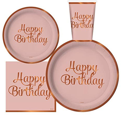 Serves 30 Complete Happy Birthday Party Supplies Pack - 9 Dinner and 7 Dessert Paper Plates, 12 oz Cups, 3 Ply Napkins - Rose Gold Foil