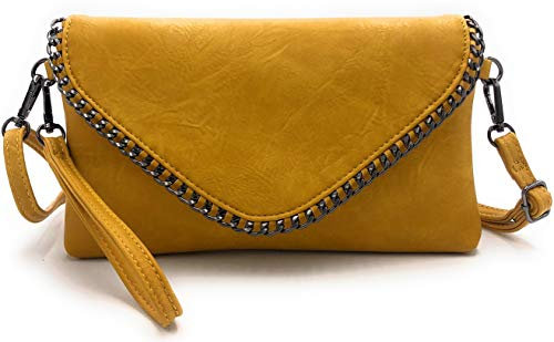 ELIOX - Pochette Donna Elegante con Catena e Tracolla in Morbida Pelle Sintetica - Borsa Clutch Piccola da Sera Borsetta Ragazza Borse Eleganti Cerimonia Matrimonio (Giallo)