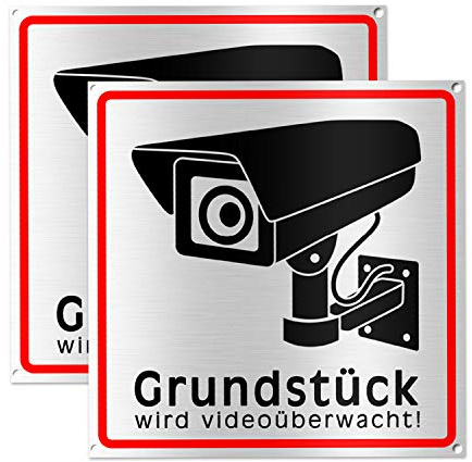 TK THERMALKING Achtung Videoüberwachung Schild - Hinweisschild - Warnschild für Kameraüberwachung - Gebürstetes Aluminium - 15x15 cm - Metall (2 STK.)