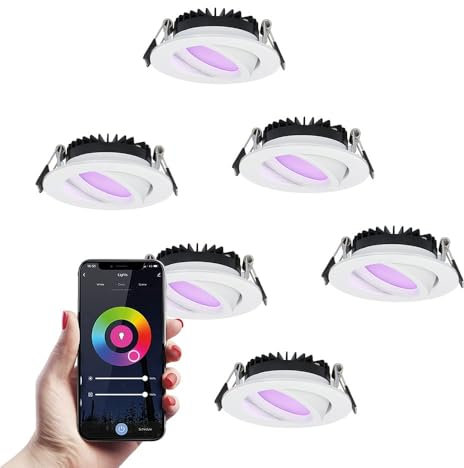 HOFTRONIC - Satz von 6 smart LED Einbaustrahler Rome - Weiß - 6 Watt - WLAN & Bluetooth - RGBWW - IP44 - Dimmbar - Kippbar - Ultra flach