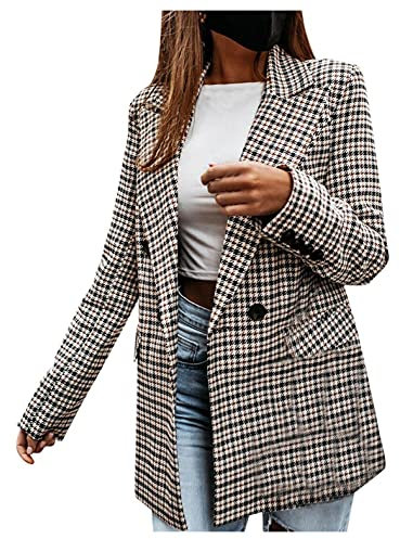 KUKICAT Blazer Carreaux Femme Casual Veste de Costume Revers Manches Longues Hiver Loose Manteau Tailleur Pied de Poule