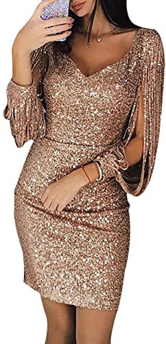 MISSMAO Abito Corto Donna Elegante Abiti Manica Lunga Vestito con Paillettes Abiti da Sera Cocktail per Festa da Sposa Cerimonia Ballo Festa Carnevale,Oro Rosa,S