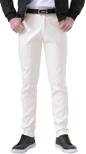 Mens PU Faux Leather Trousers Slim Fit Fake Leather Wet Look Pants White 36
