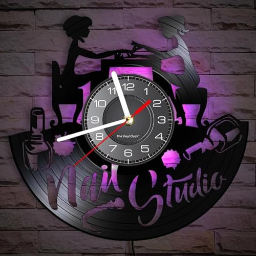 Timethink 12 Inch Nail Salon LED Vinyl Record Wall Clock with 7 Luminous Modes for Nail Studio, Nail Tech Wall Decor Vintage Silent Non Ticking Night Light Wall Clock Nail Room Decor for Home Studio