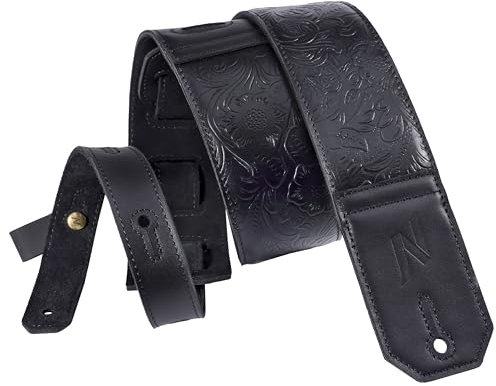 Nefelibata Gitarrengurt, 2.3 breite Vollnarben-Gitarrengurte aus Leder mit weicher Polsterung für Bass-, Elektro- und Akustikgitarre (Schwarz)