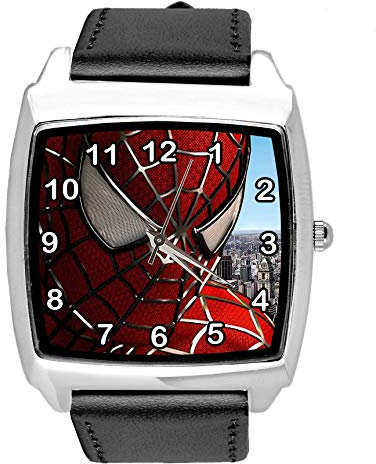 Quadratische Uhr aus schwarzem Leder für Fans von Superhelden e1, Schwarz