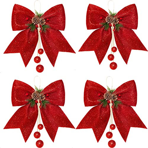4 Pezzi Fiocco di Natale, Fiocco di Paillettes Rosso Glitterato, Fiocco Grande per Albero di Natale, Decorazione Ornamento Ghirlanda per Regalo di Festa dell'albero di Natale (25 x 30 cm)