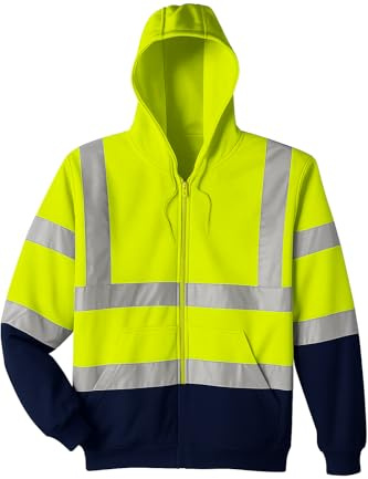 NIYS Hi Vis Zipper Reflective Tape Hoody hooded Work wear Security fleece Safety warm sweatshirt yellow orange yellow/navy orange/navy S-3XL (as8, alpha, xx_l, regular, regular, Yellow/Navy)
