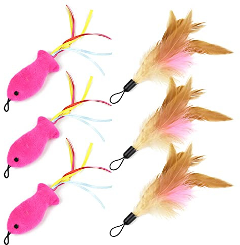 6 Pcs Cat Wand Refills with Fish & Feathers for Interactive Cat Toys | Cat Wand Toy Attachment Set, 3 Fish +3 Feather Mix, Replacement Teaser Attachments for Indoor Kittens, Play & Exercise