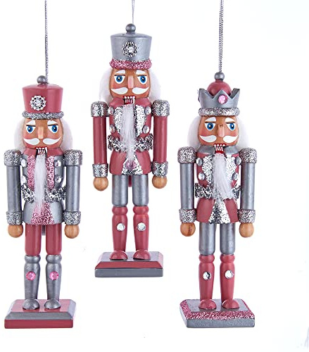 Kurt Adler 6-Inch Wooden Pink and Gray Nutcracker Ornament, Set of 3