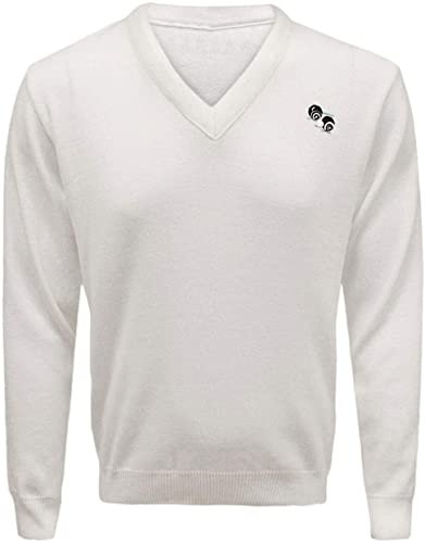 DIGITAL SPOT Mens Bowling White Knitted Ribbed Sweater Adult Sleeveless V Neck Lawn Bowl Top (Long Sleeve White 10G Large)