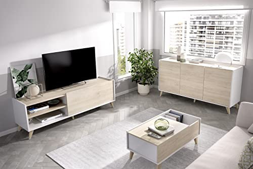 DEKIT GRUPO RIMOBEL Composition de Salon avec Meuble TV + Buffet + Table Basse, Blanc et Naturel - Ness 6