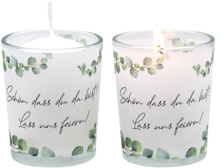 ZauberDeko Windlichtglas-Set mit Motiv Banderole Eukalyptus und Spruch 'Schön, dass du da bist!' inkl. 2 Kerzen, Glas, Grün, Feierliche Anlässe