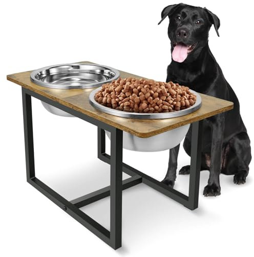 Cuencos elevados para Perros Grandes, Soporte Elevado para Cuencos para Perros con Dos Cuencos de Acero Inoxidable extragrandes para Perros, Capacidad de 3.5 L, marrón rústico