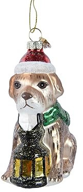 Kaemingk Christbaumschmuck Glas 11cm Hund mit Laterne Weihnachtskugeln Haustiere