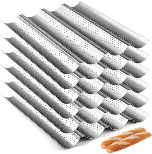 Mifoci Baguette-Pfanne, antihaftbeschichtet, perforiert, 38,1 x 33 cm, Karbonstahl, 4 Wellen, Brot, Backblech für Sauerteig, französisches Brot, silberfarben, 6 Stück