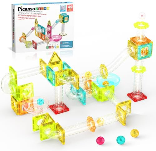 PicassoTiles Magnet Tiles Building Block Travel Size Magnetic Marble Run Construction Toy Set Mini Diamond Marble Racetrack Building Blocks Playset Education STEM Learning Kit Boy Girl 3+ PTMG45