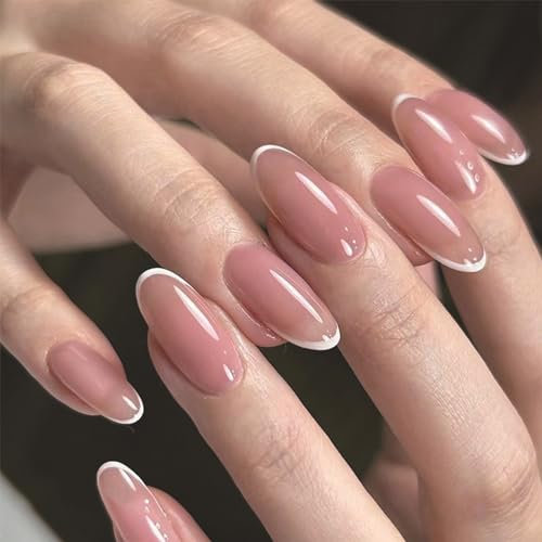 Rosarden False Nails - Oval Shape French Stick on Nails - 24pcs Almond Pink White Edge Acrylic Press On Nails with Glue - Elegant Design for Women Girls