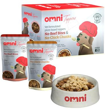 Omni Wet Dog Food Toppers - Dragons' Den Winners, Vet-Formulated Pouches to Use as Dog Treats or a Food Topper on Dry Food, Tasty Chunks in Gravy, 4 Months Plus - x4 No Beef Bites x4 No Chick Chunks