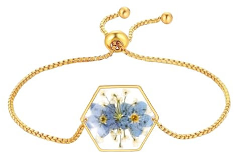 Azonelife Vergissmeinnicht und Queen Annes gepresstes Wildblumen Spitzenarmband, Echte Blume handgemachter Armband Gold gepresstes blumen-Harz-Armband Vergissmeinnicht schmuck Abschiedsgeschenk