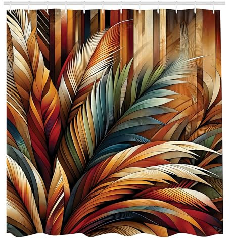 ABAKUHAUS Ästhetik Duschvorhang, Boho mit exotischen Blättern in warmen Tönen auf rustikalem Hintergrund, Stoffliches Gewebe mit Haken, 175 x 200 cm, Verbranntes Orange, Teal Blau