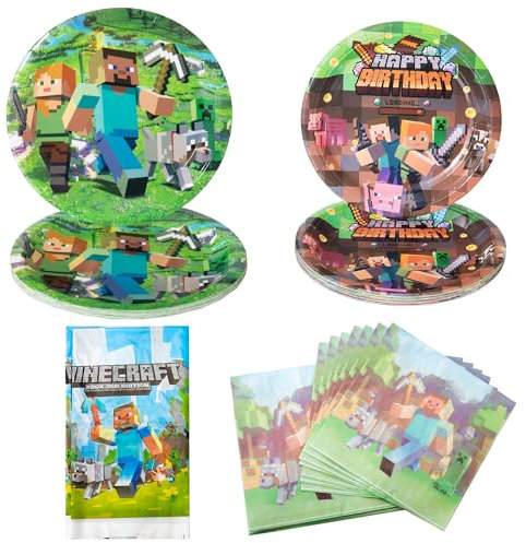 Yagu minecraft Partygeschirr Set,minecraft Einweggeschirr 51 Stück, Partygeschirr Papier Teller Servietten Tischdecke, für Kindergeburtstag minecraft Geburtstag Deko, Partyzubehör