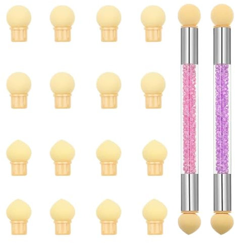 Dimeho Nail Art Brushes, 16 in 2 Set Double Head Ombre Sponge Nail Art Brushes for Gel Nails, Gradient Sponges Pen with 16 Pcs Replacement Head Nail Art Tool for French Tip DIY Manicure Brush