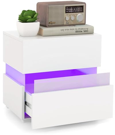 COSTWAY Nachttisch, LED Nachtkästchen Hochglanz, Nachtschrank Nachtkommode mit 2 Schubladen, inkl. Fernbedienung, dynamisch & statisch beleuchtet, modern, 45 x 35 x 45cm (Weiß)