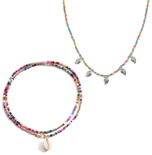JEXOWIQ Kette Damen - 2 pcs Boho-Halskette,2 Stile Bunte Halskette Damen, Bunte Ketten, Bunte Perlenkette, Boho Schmuck Damen, Hippie Kette Boho Style Outer Banks Schmuck
