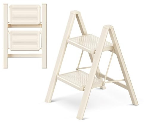 GameGem 2 Step Ladder Folding Step Stool with Wide Anti-Slip Pedal, 330LBS Capacity, Lightweight Portable Stepladder for Home and Kitchen Use, Cream White
