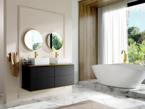 Vente-unique-Mueble de baño suspendido Estriado con Ribete Dorado y Dos lavabos Cuadrados - Negro - 120 cm - KELIZA