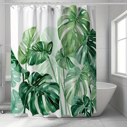 Tenda da doccia impermeabile con foglie tropicali e ganci - Design con palme e monstera, arredo bagno in poliestere lavabile in lavatrice 70x160cm/(WxH)