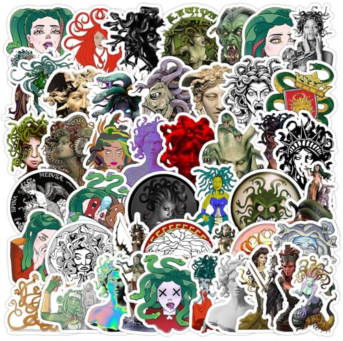 Medusa Aufkleber 50 Stück Wasserdicht Trendy Vintage Sticker für Wasserflaschen Laptop Fahrrad Gepäck Skateboard Scrapbook,Vinyl Funny Cartoon Griechische Mythologie Sticker für Erwachsene Teenager