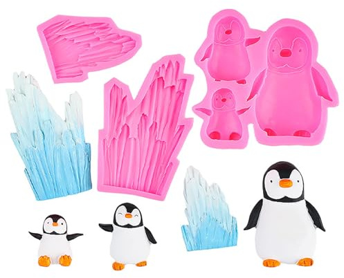 3 x Silikonform mit Pinguin-Eisberg-Kuchendekoration, Fondantform | Schneegebirge für Zuckerguss, Dekoration, Ton, Basteln, Gummipaste, Cupcake-Form, Küchenwerkzeug, DIY