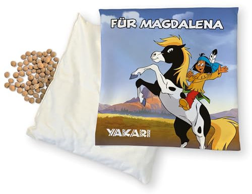 Yakari Kirschkernkissen – Wärmekissen für Mikrowelle; Kirschkerne Kissen für Babys, Kinder & Erwachsene; Körperentspannung; personalisierbares Geschenk, 19x19cm Körnerkissen (Yakari Pesade mit Pferd)