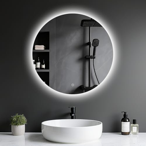Archaluxe Badspiegel mit Beleuchtung - LED-Badezimmer-Spiegel-Round 50cm,Touch-Schalter,Dimmbar,3 Lichtfarben, Speicherfunktion, Badezimmerspiegel mit HD Sicherheitsgla - Explosionsschutz Wandspiegel