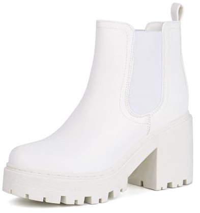JABASIC Stivali Chelsea per donne con plateau, scarpe classiche con tacco (42,Bianco)