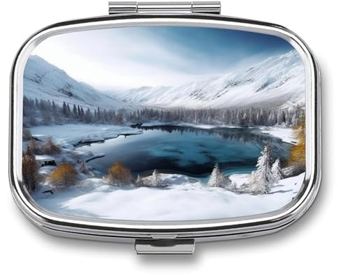 Tragbare Pillendose, Winter, Berge, Schnee, bedruckt, kleine Pillendose, tragbarer Pillenbehälter, Halter für Vitamine, Medikamente, Fischöl und Nahrungsergänzungsmittel