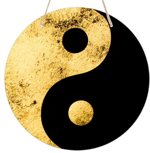 Black and Gold Tai Chi Yin Yang Round Wooden Hanging Sign for Home Office Wall Art Decor Door Hanger Gift 8×8 Inches