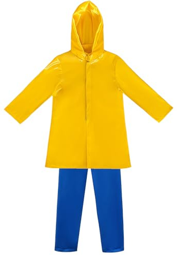 Coraline Kostüm Kinder gelber Regenmantel und Hose blaue Perücke Knopf Brille Schlüsselschmuck Nacklace Halloween Cosplay Outfit (L)