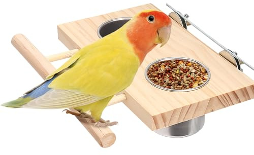 Fonyet Lot De 2 Gamelles Pour Oiseaux En Acier Inoxydable Avec Perchoir En Bois Perruches Mangeoires À Suspendre Distributeur D'eau Accessoires Pour Calopsittes