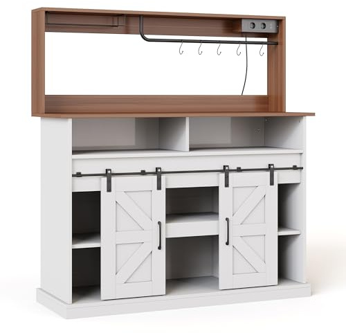 Meuble café campagnard multifonction, porte-verres suspendu, prises intégrées 2AC 2USB, buffet rangement bouteilles, crochets S, portes coulissantes, bar maison, vaisselle, salon cuisine (Blanc)
